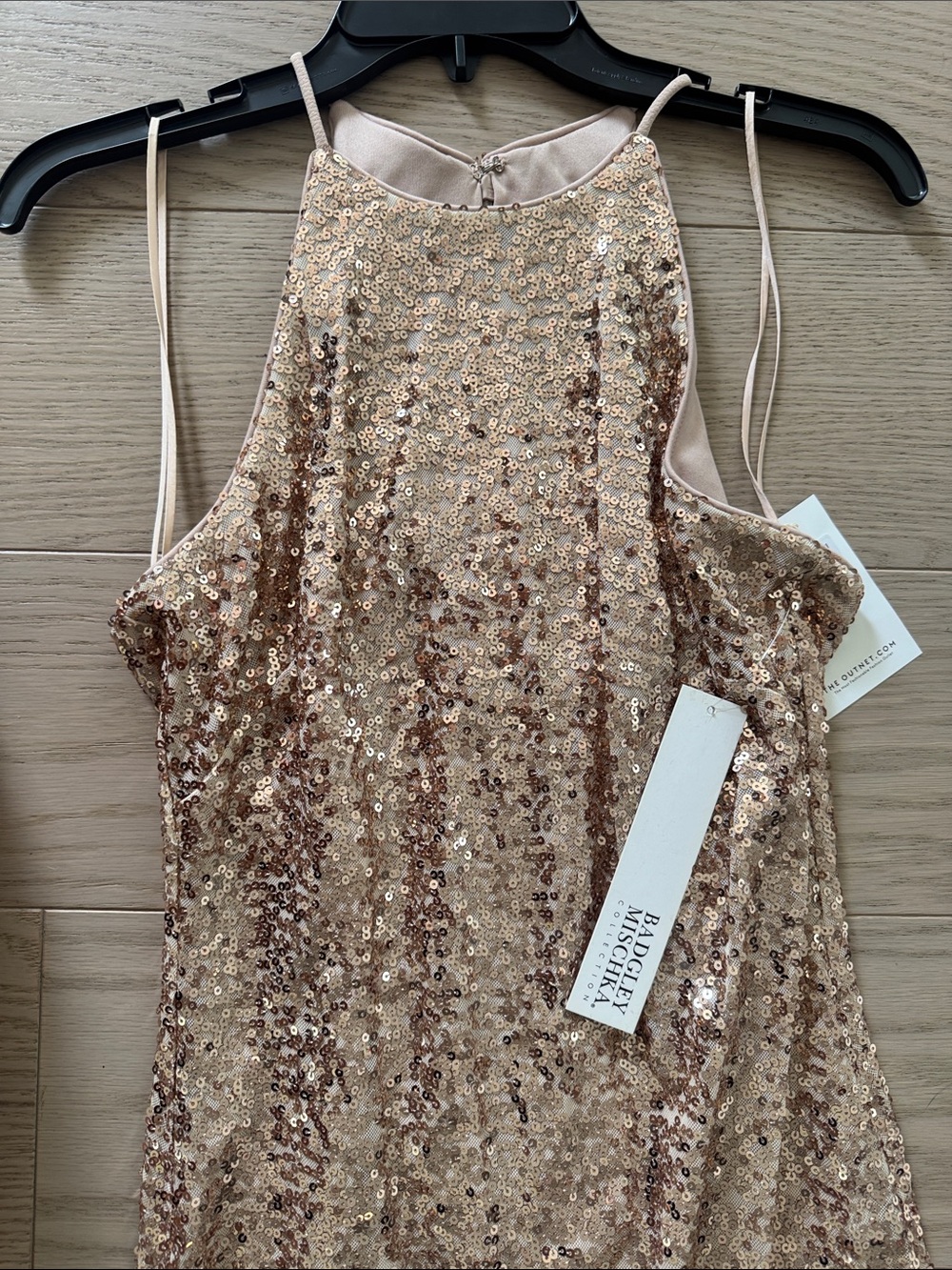 Badgley Mischka Rose Gold Sequin Halter Dress